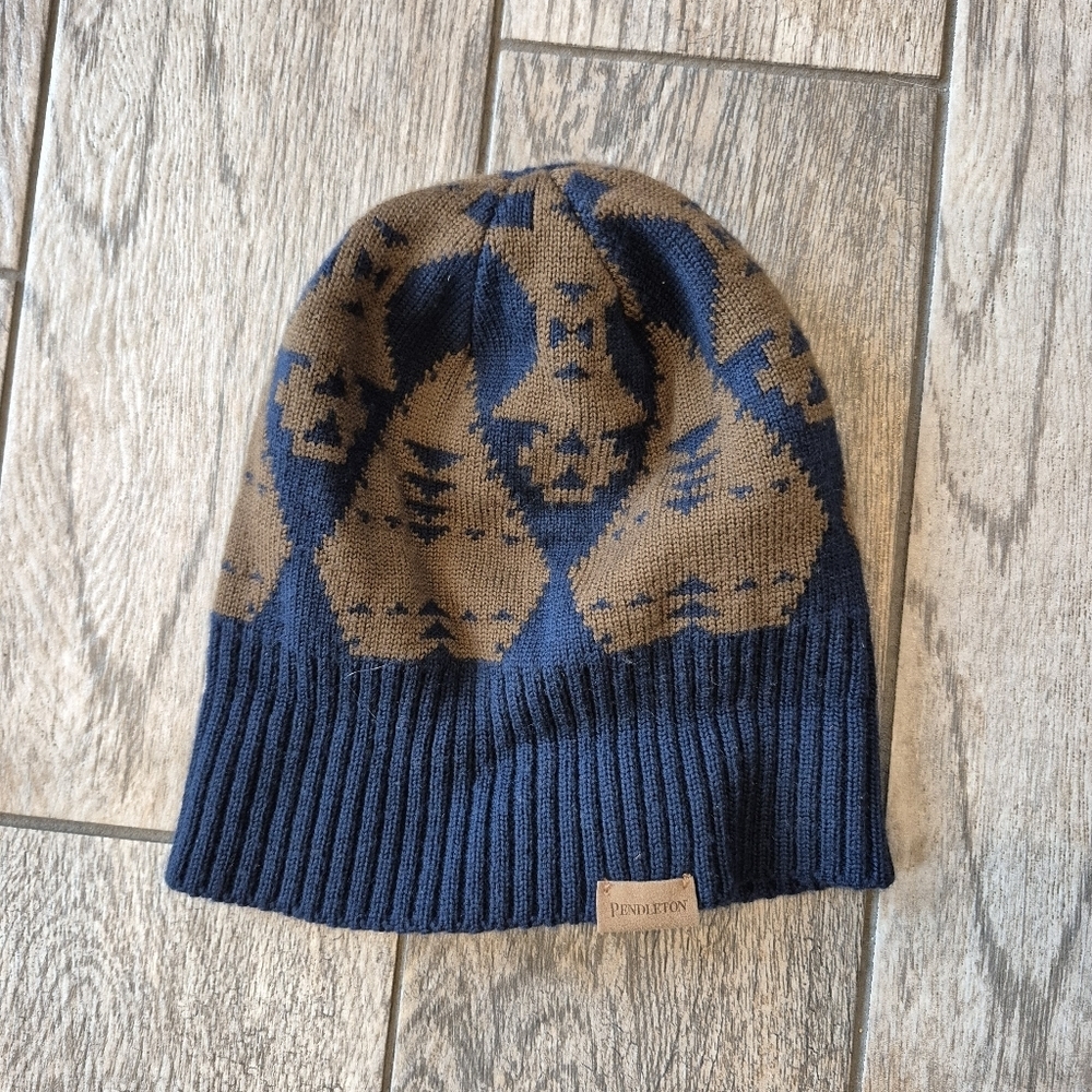 PENDLETON Knit Beanie Hat – Blue & Brown Geometric Southwestern Pattern